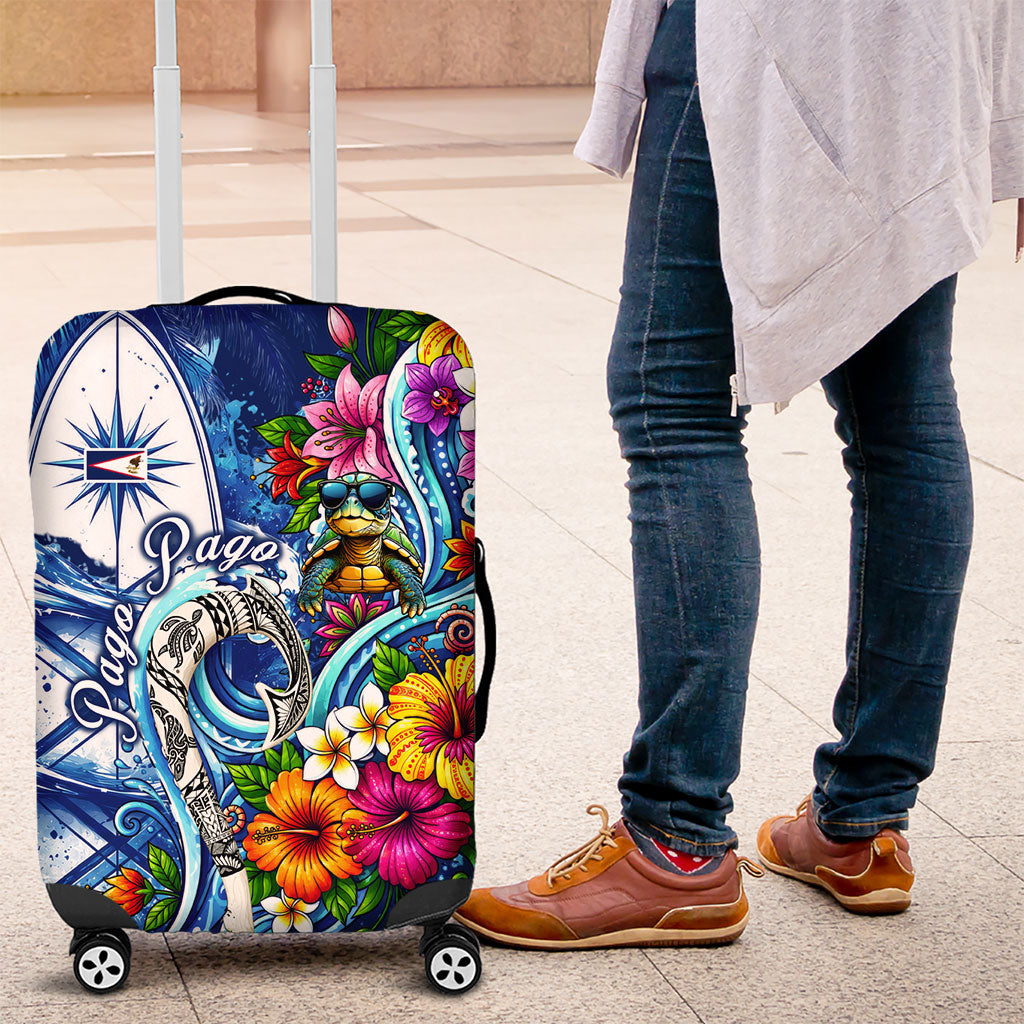 American Samoa Pago Pago Luggage Cover Sea Turtle And Fruit Bat - Tropical Hibiscus Flowers Polynesian TS04 Blue White - Polynesian Pride