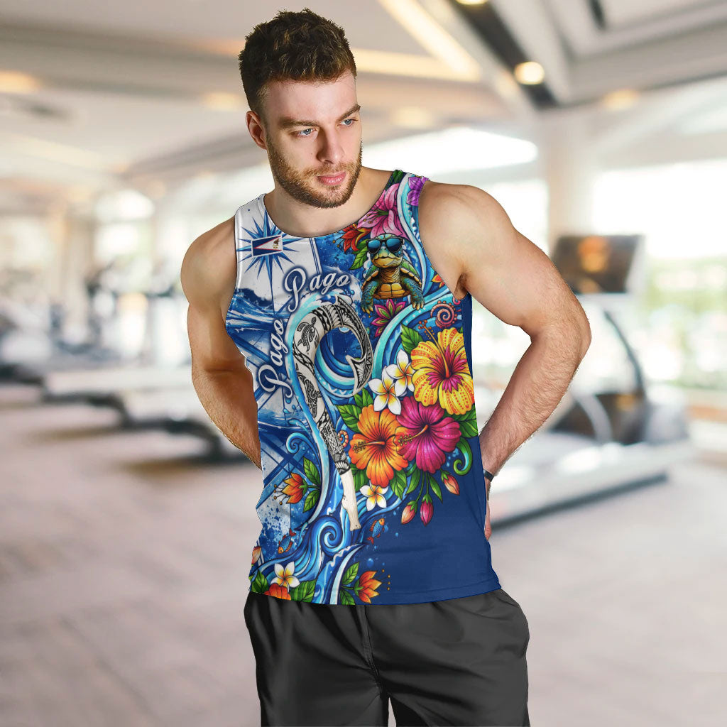 American Samoa Pago Pago Men Tank Top Sea Turtle And Fruit Bat - Tropical Hibiscus Flowers Polynesian TS04 Blue White - Polynesian Pride