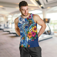 American Samoa Pago Pago Men Tank Top Sea Turtle And Fruit Bat - Tropical Hibiscus Flowers Polynesian TS04 Blue White - Polynesian Pride