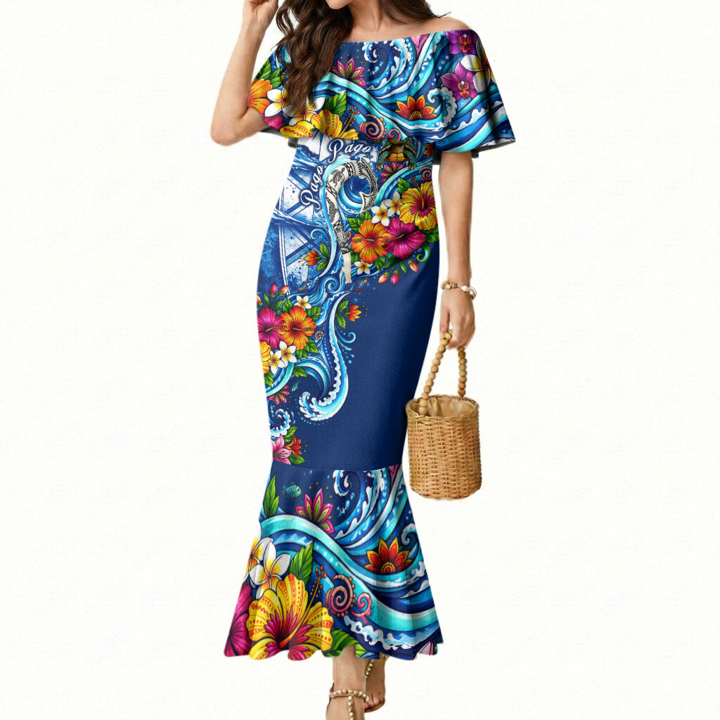 American Samoa Pago Pago Mermaid Dress Sea Turtle And Fruit Bat - Tropical Hibiscus Flowers Polynesian TS04 Women Blue White - Polynesian Pride
