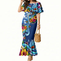 American Samoa Pago Pago Mermaid Dress Sea Turtle And Fruit Bat - Tropical Hibiscus Flowers Polynesian TS04 Women Blue White - Polynesian Pride