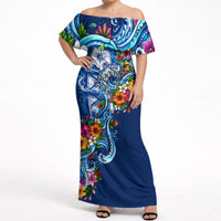 American Samoa Pago Pago Off Shoulder Maxi Dress Sea Turtle And Fruit Bat - Tropical Hibiscus Flowers Polynesian TS04 Women Blue White - Polynesian Pride