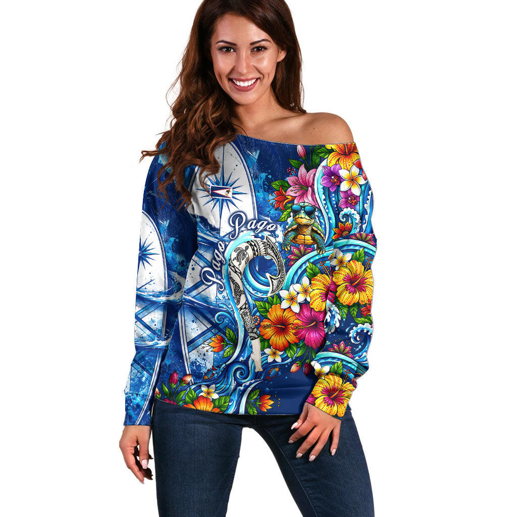 American Samoa Pago Pago Off Shoulder Sweater Sea Turtle And Fruit Bat - Tropical Hibiscus Flowers Polynesian TS04 Women Blue White - Polynesian Pride