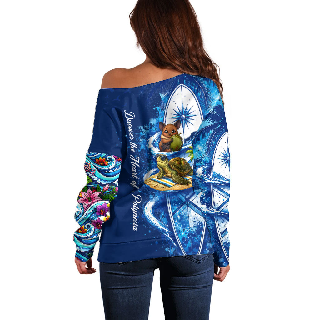 American Samoa Pago Pago Off Shoulder Sweater Sea Turtle And Fruit Bat - Tropical Hibiscus Flowers Polynesian TS04 - Polynesian Pride
