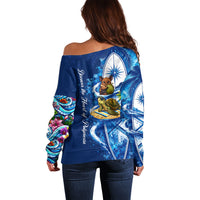 American Samoa Pago Pago Off Shoulder Sweater Sea Turtle And Fruit Bat - Tropical Hibiscus Flowers Polynesian TS04 - Polynesian Pride
