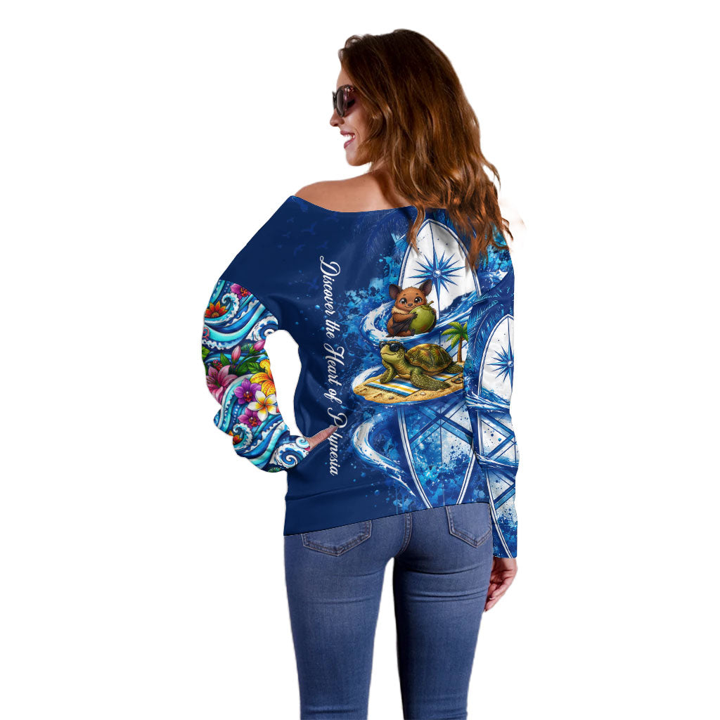 American Samoa Pago Pago Off Shoulder Sweater Sea Turtle And Fruit Bat - Tropical Hibiscus Flowers Polynesian TS04 - Polynesian Pride