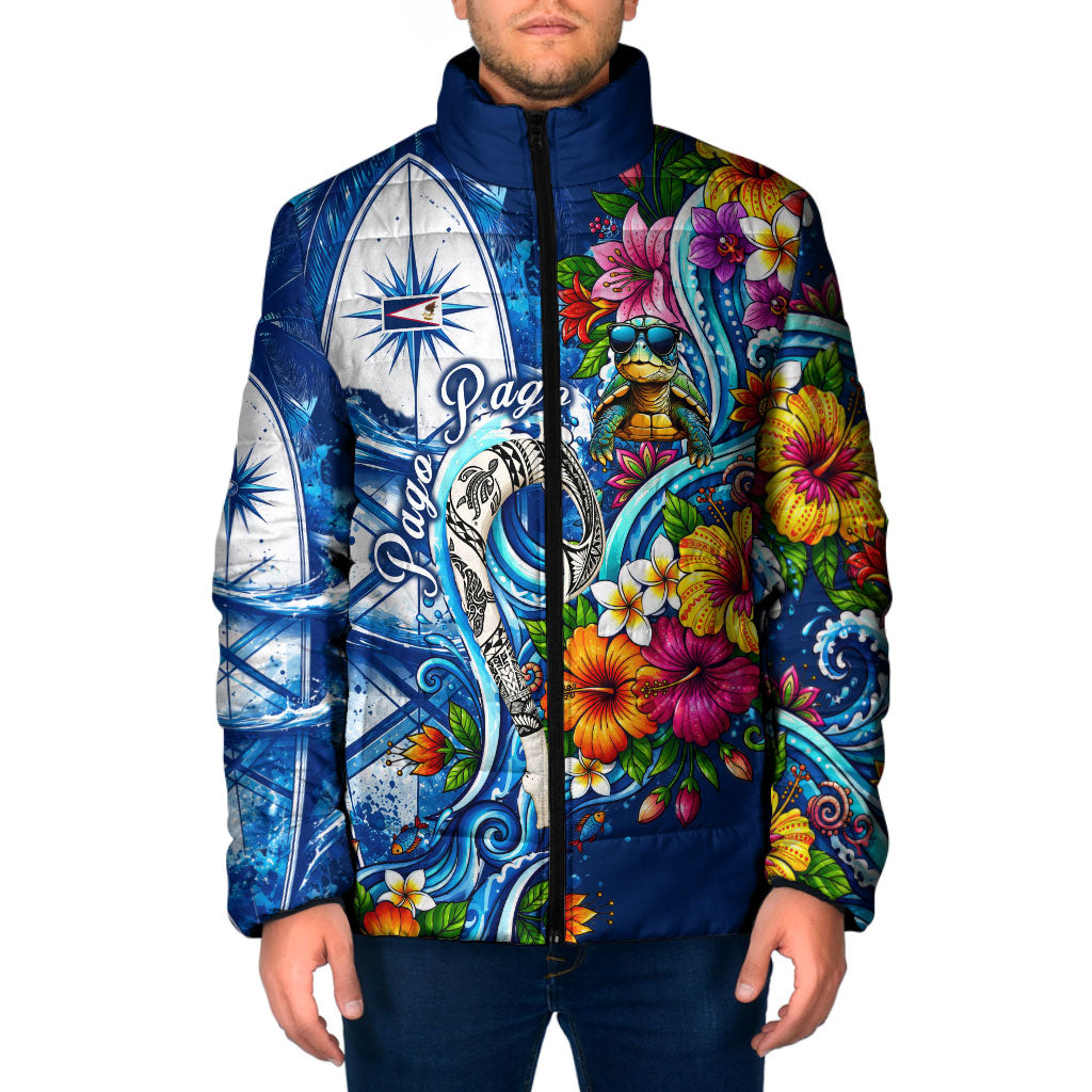 American Samoa Pago Pago Padded Jacket Sea Turtle And Fruit Bat - Tropical Hibiscus Flowers Polynesian TS04 Men Blue White - Polynesian Pride