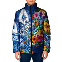 American Samoa Pago Pago Padded Jacket Sea Turtle And Fruit Bat - Tropical Hibiscus Flowers Polynesian TS04 Men Blue White - Polynesian Pride