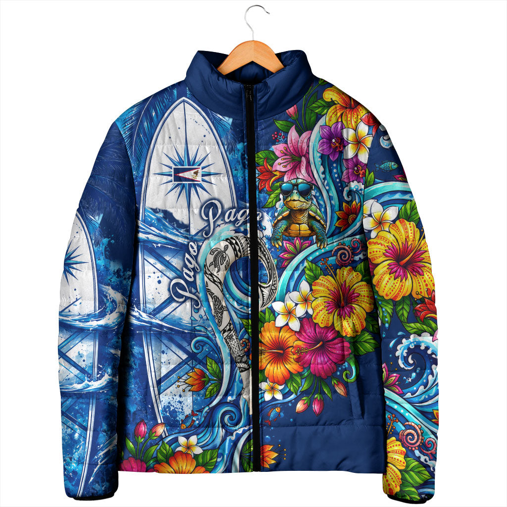 American Samoa Pago Pago Padded Jacket Sea Turtle And Fruit Bat - Tropical Hibiscus Flowers Polynesian TS04 - Polynesian Pride