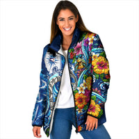 American Samoa Pago Pago Padded Jacket Sea Turtle And Fruit Bat - Tropical Hibiscus Flowers Polynesian TS04 Women Blue White - Polynesian Pride