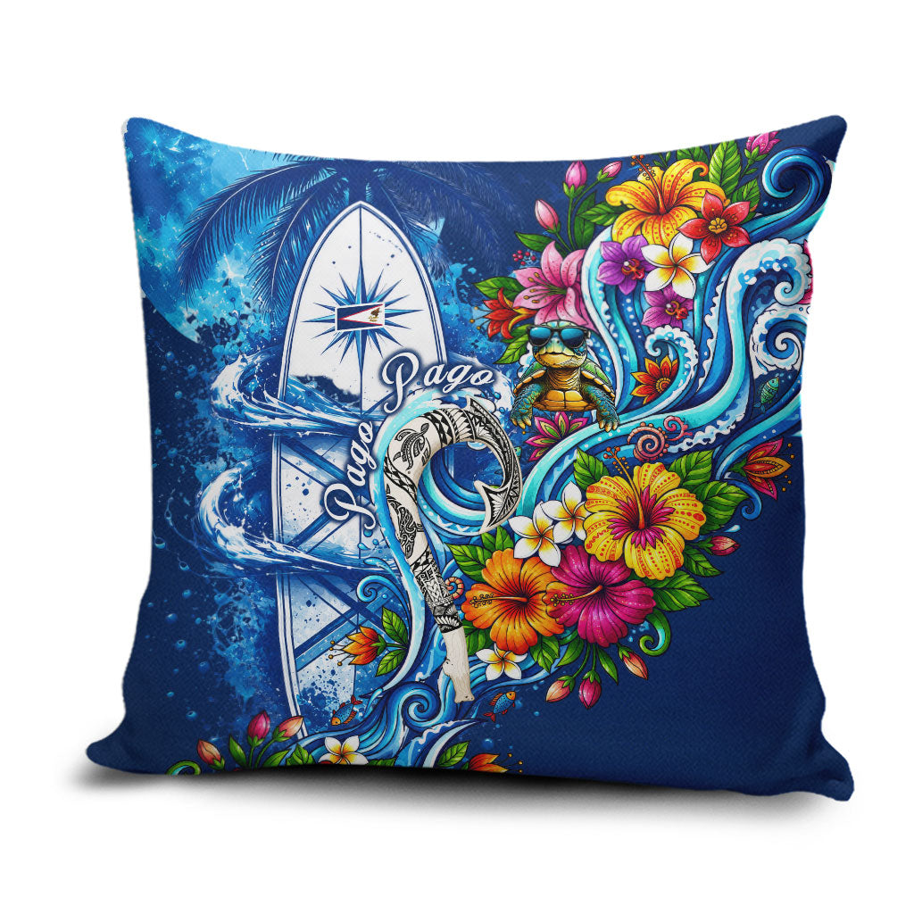 American Samoa Pago Pago Pillow Cover Sea Turtle And Fruit Bat - Tropical Hibiscus Flowers Polynesian TS04 Blue White - Polynesian Pride