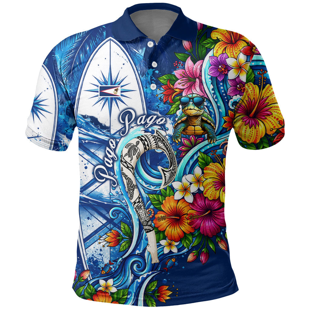 American Samoa Pago Pago Polo Shirt Sea Turtle And Fruit Bat - Tropical Hibiscus Flowers Polynesian TS04 Blue White - Polynesian Pride