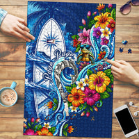 American Samoa Pago Pago Puzzle Sea Turtle And Fruit Bat - Tropical Hibiscus Flowers Polynesian TS04 Blue White - Polynesian Pride