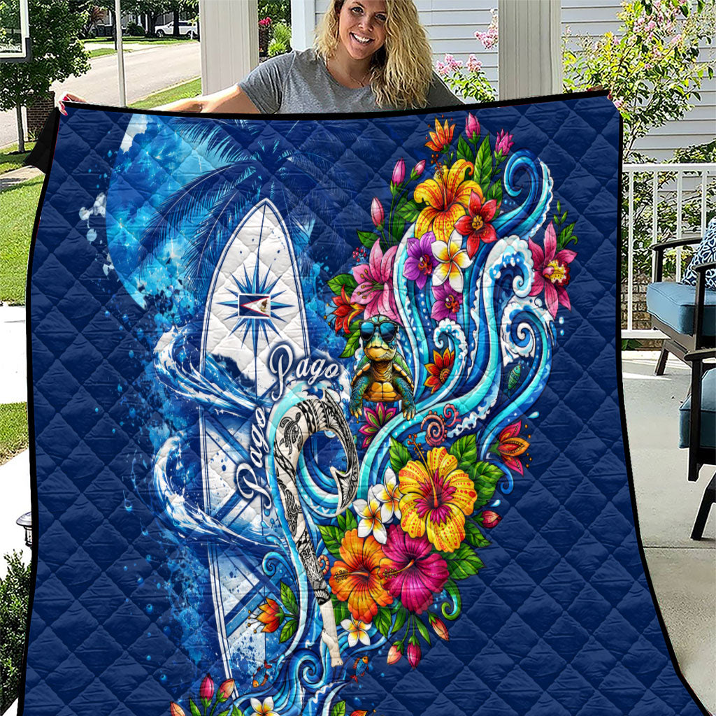 American Samoa Pago Pago Quilt Sea Turtle And Fruit Bat - Tropical Hibiscus Flowers Polynesian TS04 Blue White - Polynesian Pride
