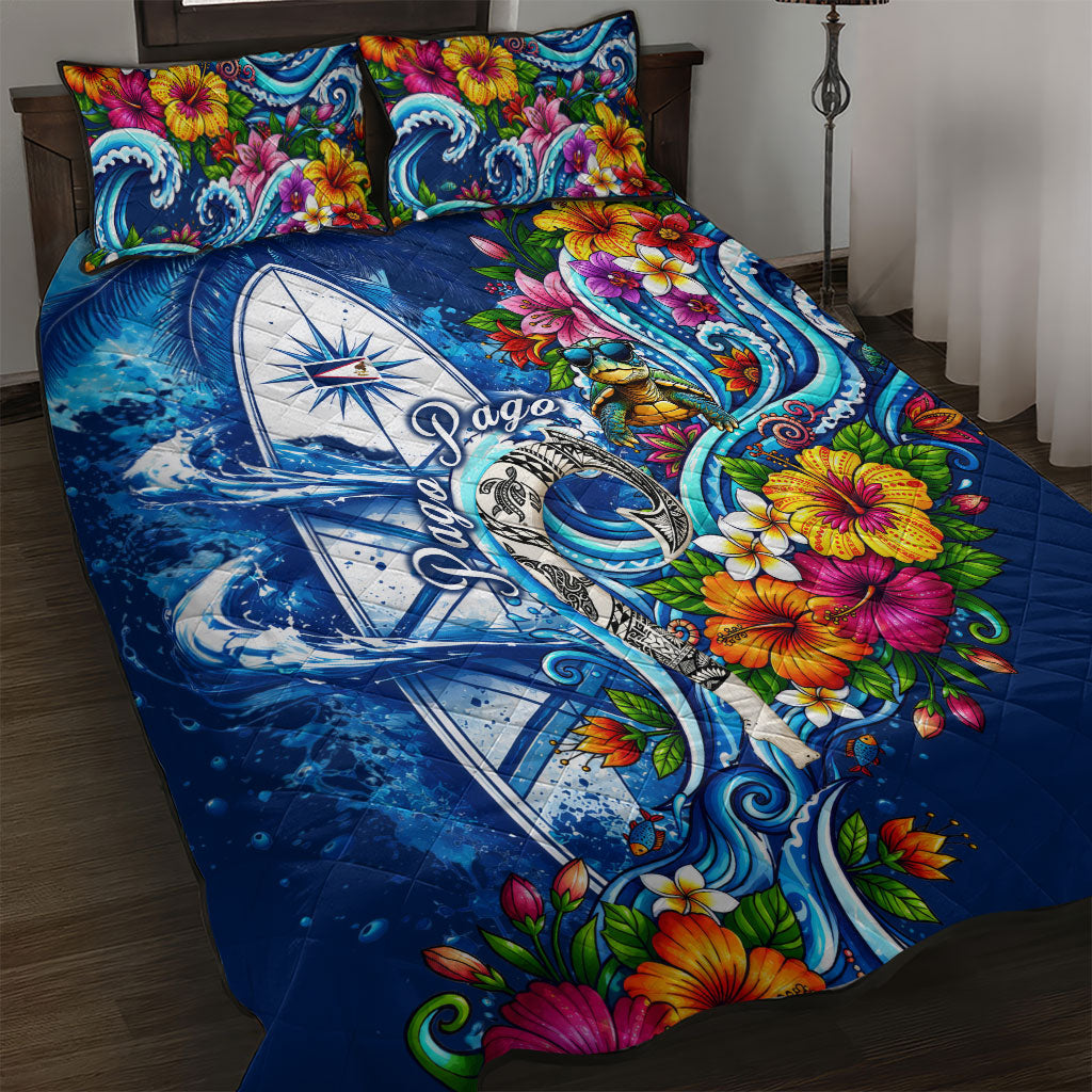 American Samoa Pago Pago Quilt Bed Set Sea Turtle And Fruit Bat - Tropical Hibiscus Flowers Polynesian TS04 Blue White - Polynesian Pride