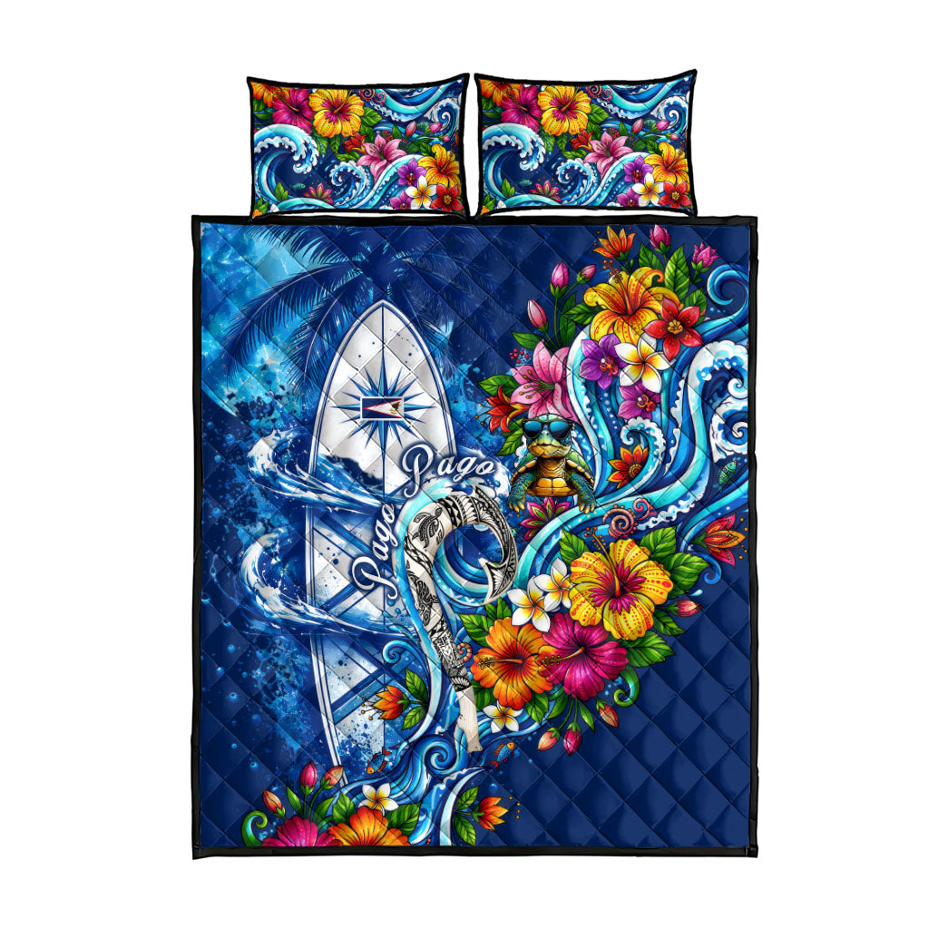American Samoa Pago Pago Quilt Bed Set Sea Turtle And Fruit Bat - Tropical Hibiscus Flowers Polynesian TS04 - Polynesian Pride