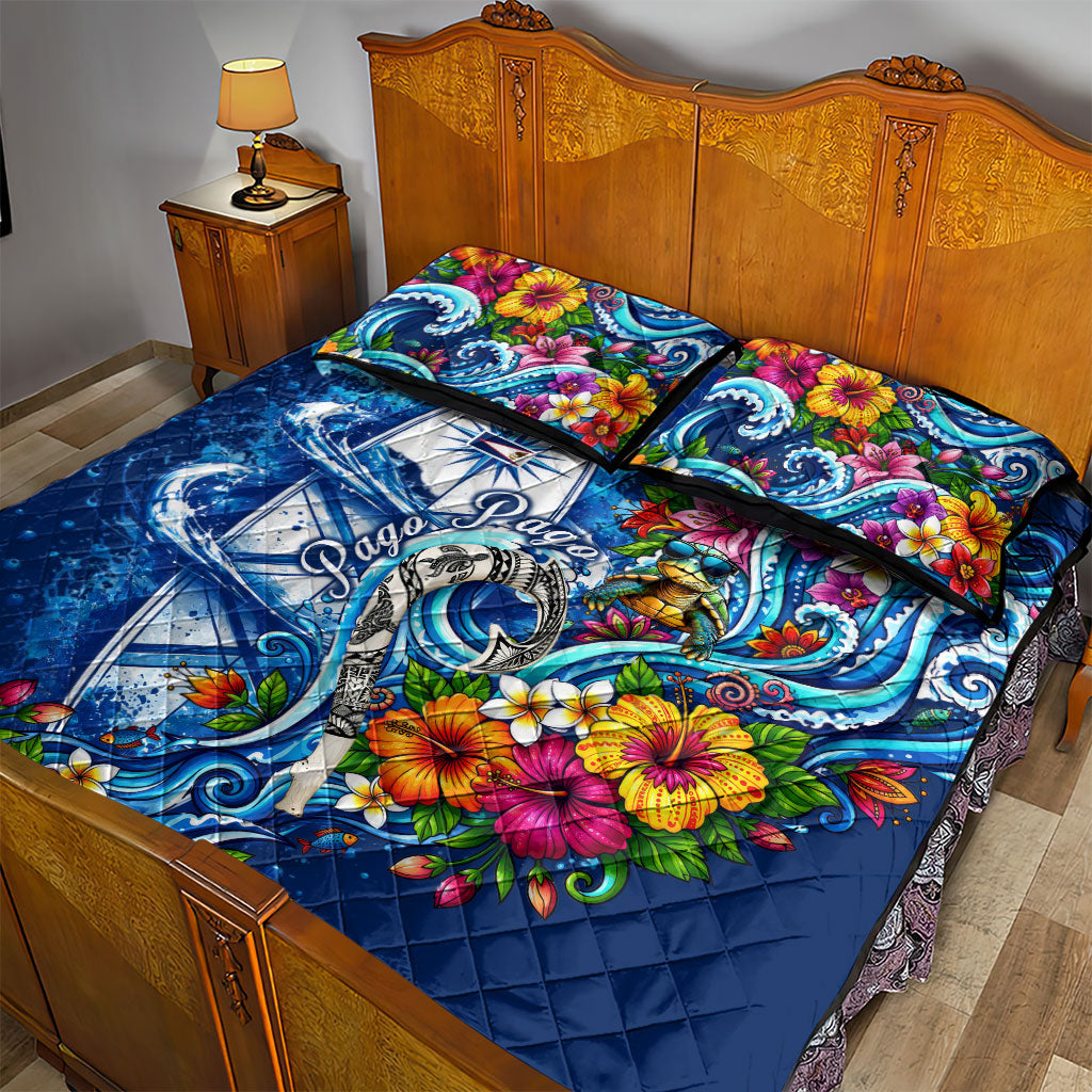 American Samoa Pago Pago Quilt Bed Set Sea Turtle And Fruit Bat - Tropical Hibiscus Flowers Polynesian TS04 - Polynesian Pride