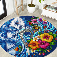American Samoa Pago Pago Round Carpet Sea Turtle And Fruit Bat - Tropical Hibiscus Flowers Polynesian TS04 Blue White - Polynesian Pride