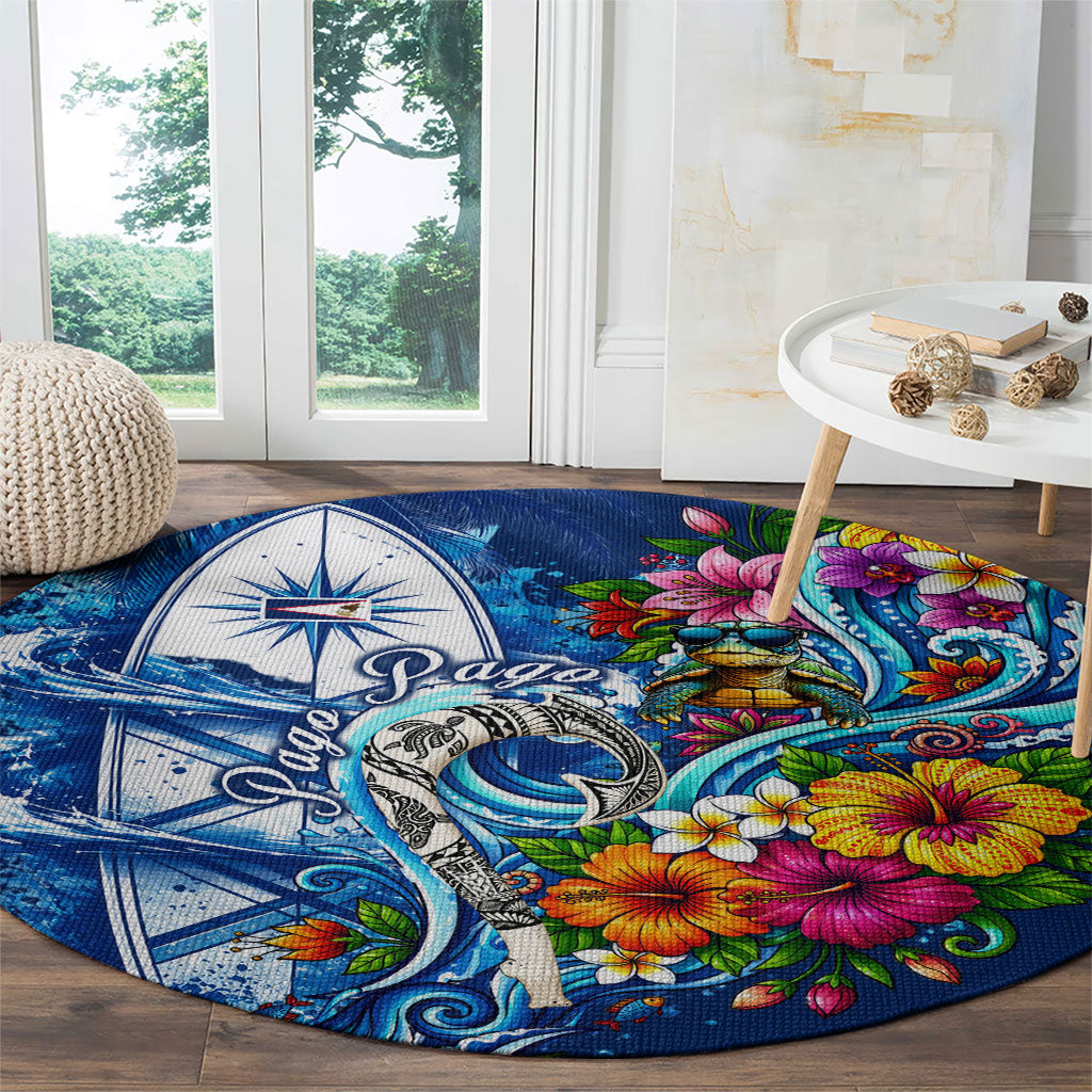 American Samoa Pago Pago Round Carpet Sea Turtle And Fruit Bat - Tropical Hibiscus Flowers Polynesian TS04 - Polynesian Pride