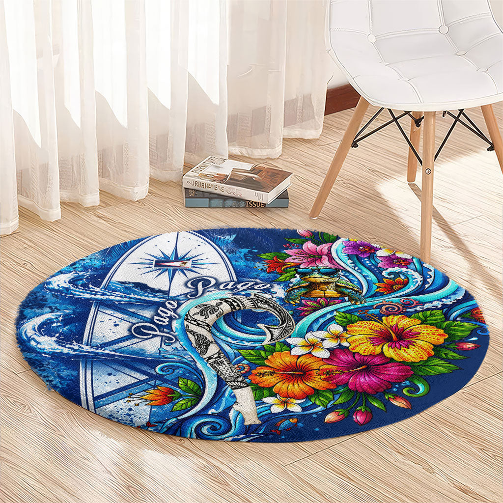 American Samoa Pago Pago Round Carpet Sea Turtle And Fruit Bat - Tropical Hibiscus Flowers Polynesian TS04 - Polynesian Pride