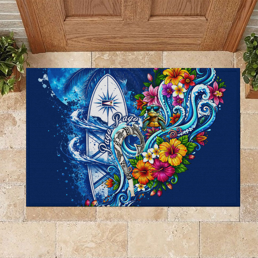 American Samoa Pago Pago Rubber Doormat Sea Turtle And Fruit Bat - Tropical Hibiscus Flowers Polynesian TS04 Blue White - Polynesian Pride