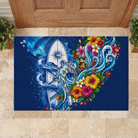 American Samoa Pago Pago Rubber Doormat Sea Turtle And Fruit Bat - Tropical Hibiscus Flowers Polynesian TS04 Blue White - Polynesian Pride