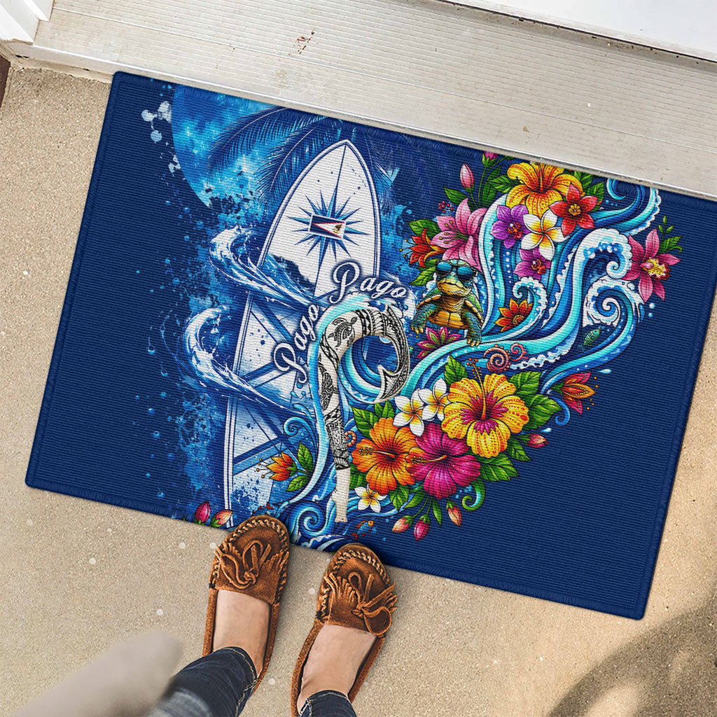 American Samoa Pago Pago Rubber Doormat Sea Turtle And Fruit Bat - Tropical Hibiscus Flowers Polynesian TS04 - Polynesian Pride