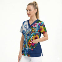 American Samoa Pago Pago Scrub Top Sea Turtle And Fruit Bat - Tropical Hibiscus Flowers Polynesian TS04 - Polynesian Pride
