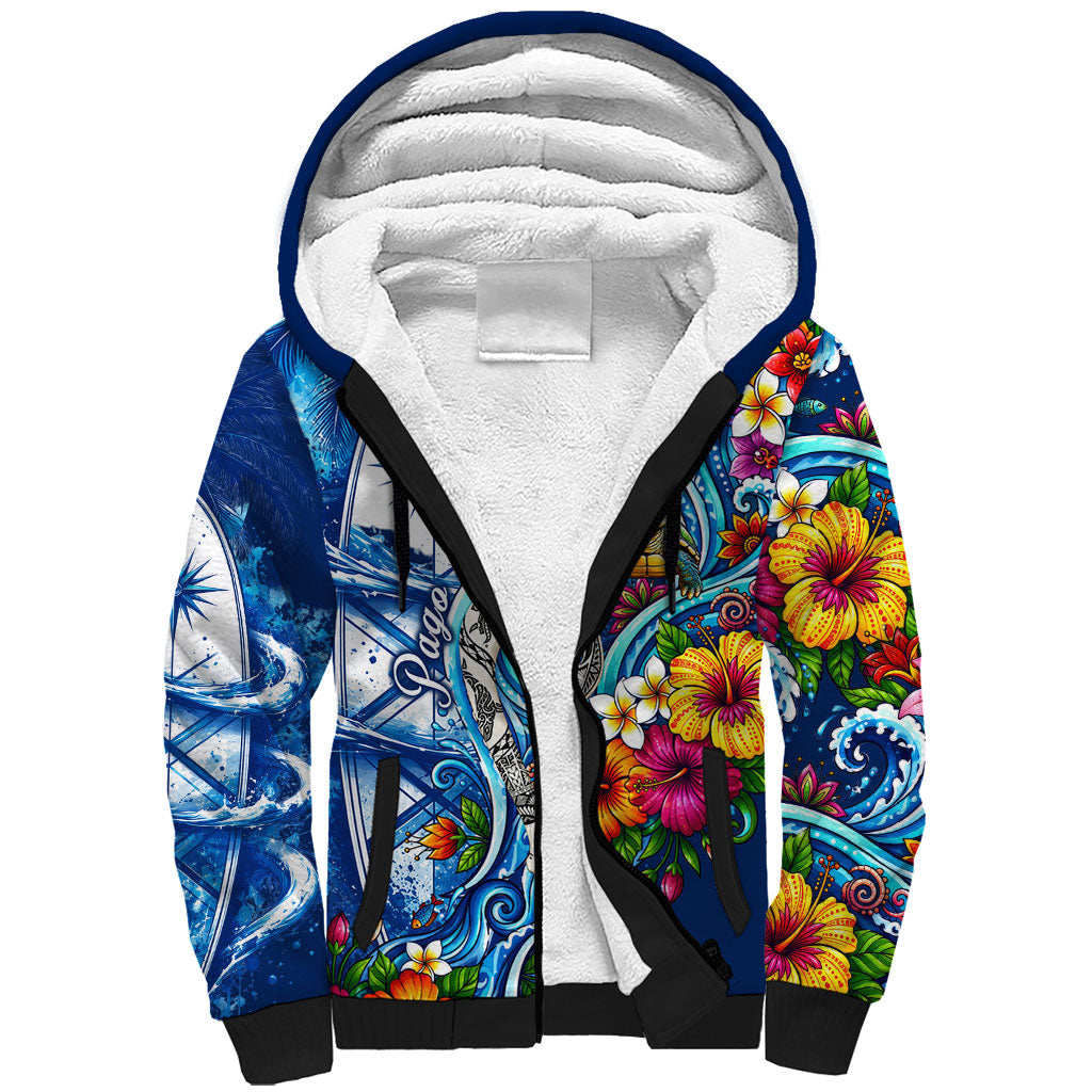 American Samoa Pago Pago Sherpa Hoodie Sea Turtle And Fruit Bat - Tropical Hibiscus Flowers Polynesian TS04 Unisex Blue White - Polynesian Pride