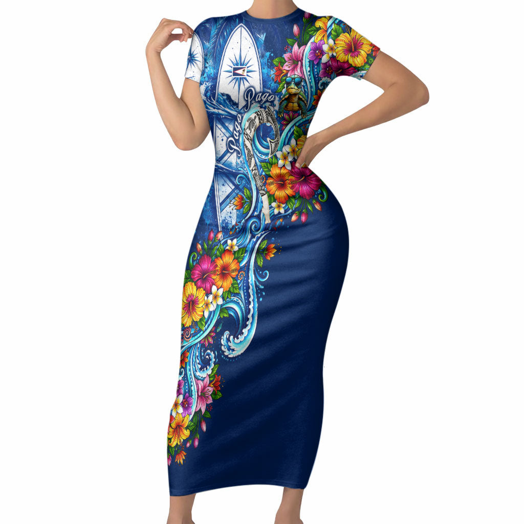 American Samoa Pago Pago Short Sleeve Bodycon Dress Sea Turtle And Fruit Bat - Tropical Hibiscus Flowers Polynesian TS04 Long Dress Blue White - Polynesian Pride