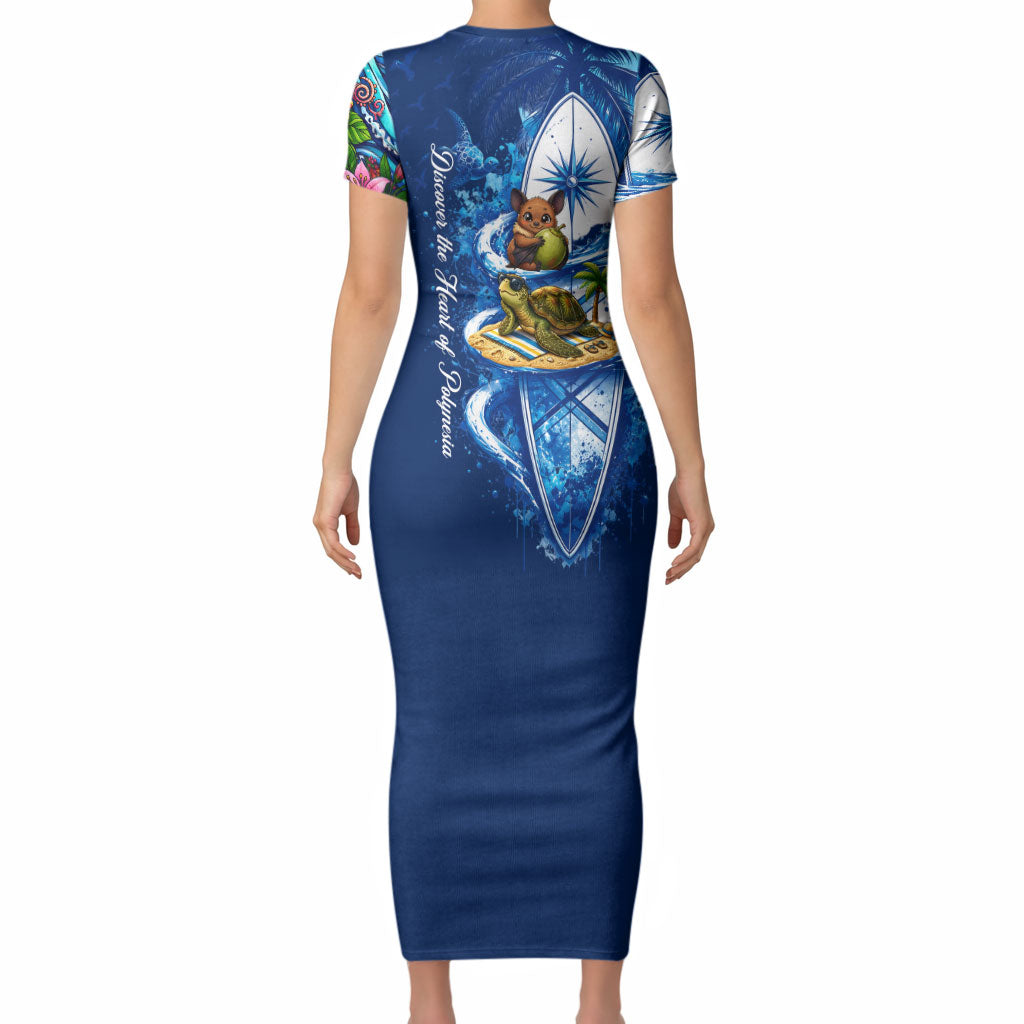 American Samoa Pago Pago Short Sleeve Bodycon Dress Sea Turtle And Fruit Bat - Tropical Hibiscus Flowers Polynesian TS04 - Polynesian Pride