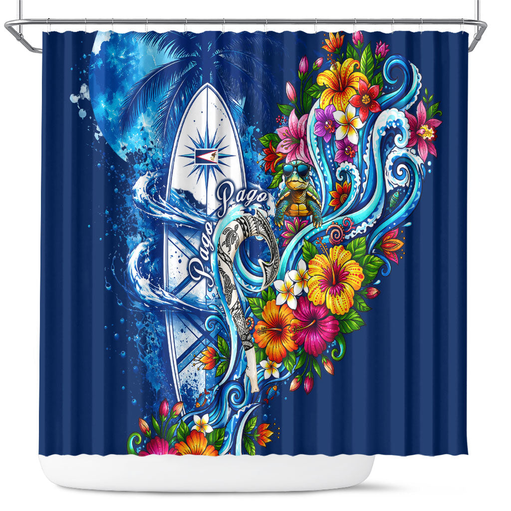 American Samoa Pago Pago Shower Curtain Sea Turtle And Fruit Bat - Tropical Hibiscus Flowers Polynesian TS04 Blue White - Polynesian Pride