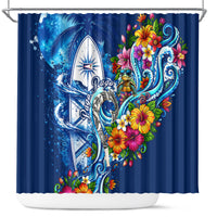 American Samoa Pago Pago Shower Curtain Sea Turtle And Fruit Bat - Tropical Hibiscus Flowers Polynesian TS04 Blue White - Polynesian Pride