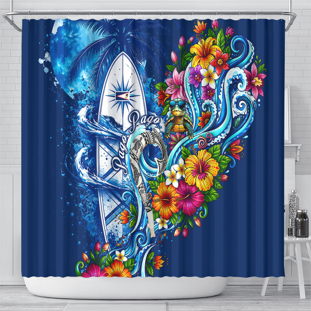 American Samoa Pago Pago Shower Curtain Sea Turtle And Fruit Bat - Tropical Hibiscus Flowers Polynesian TS04 - Polynesian Pride