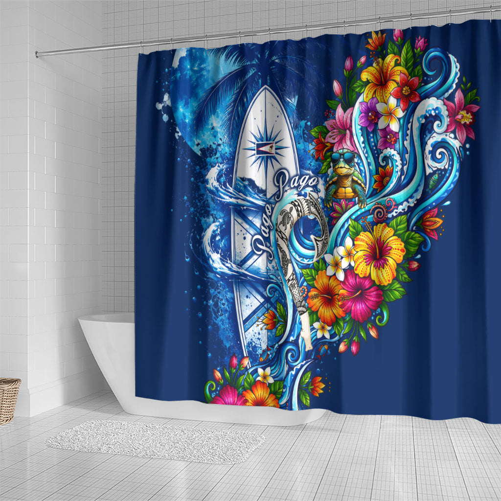 American Samoa Pago Pago Shower Curtain Sea Turtle And Fruit Bat - Tropical Hibiscus Flowers Polynesian TS04 - Polynesian Pride