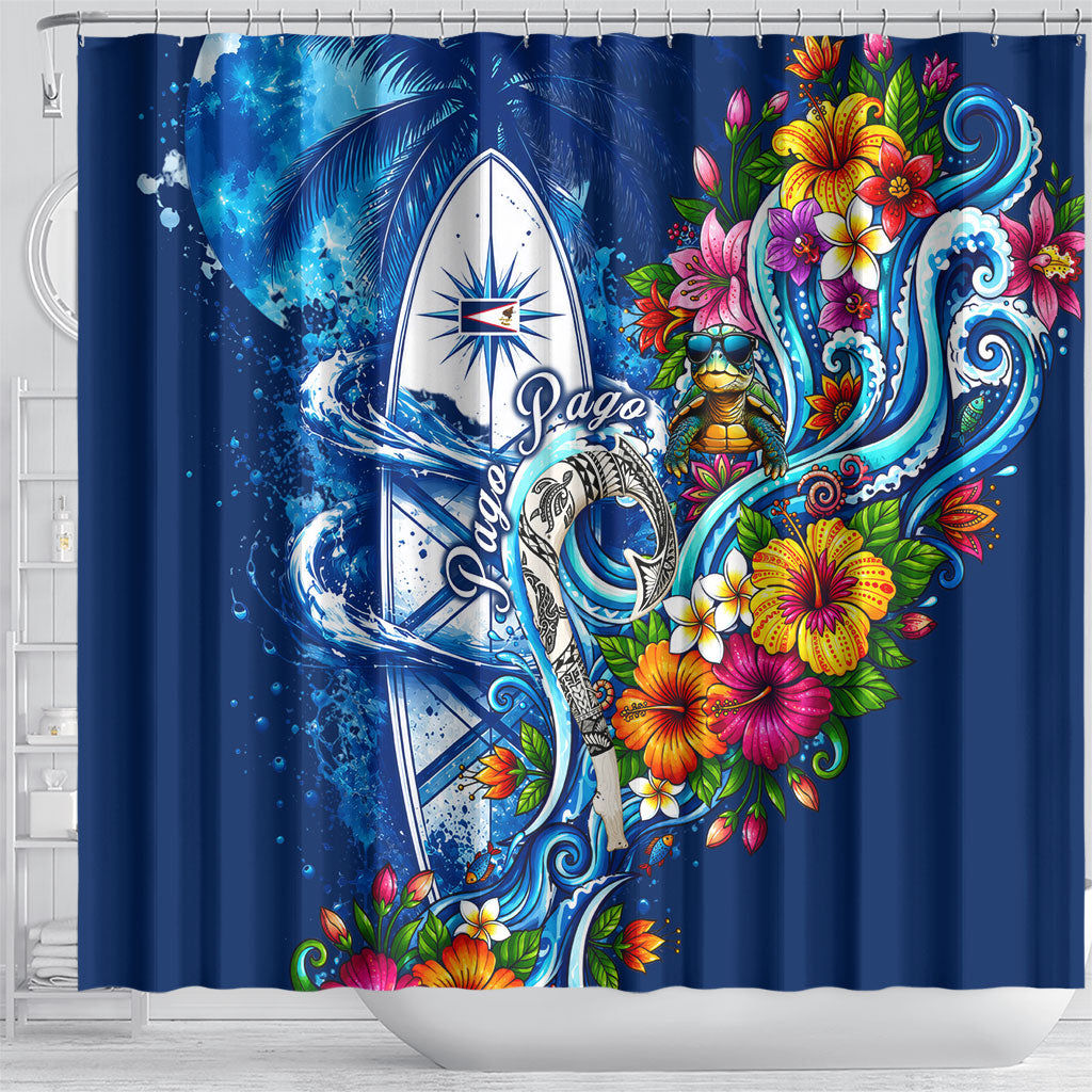 American Samoa Pago Pago Shower Curtain Sea Turtle And Fruit Bat - Tropical Hibiscus Flowers Polynesian TS04 - Polynesian Pride