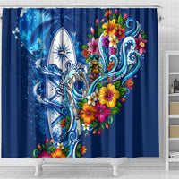 American Samoa Pago Pago Shower Curtain Sea Turtle And Fruit Bat - Tropical Hibiscus Flowers Polynesian TS04 - Polynesian Pride