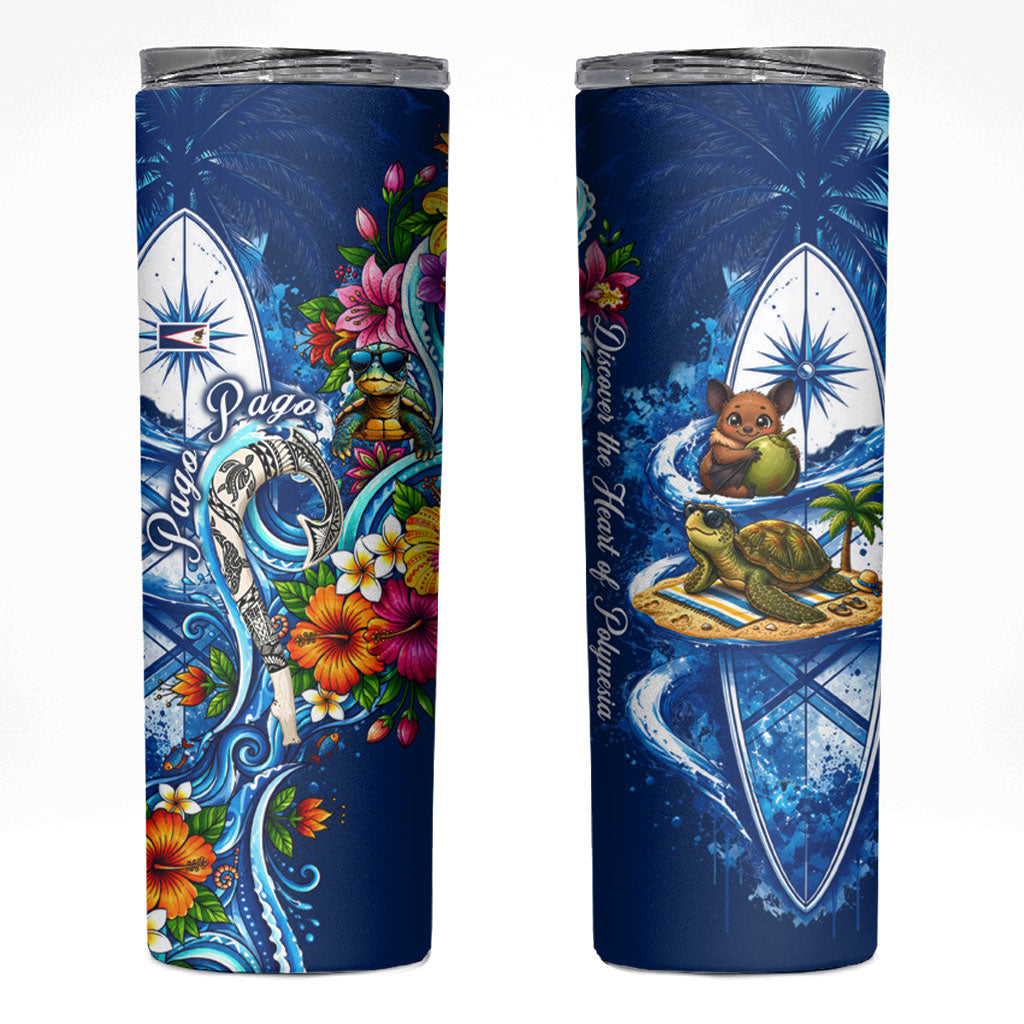 American Samoa Pago Pago Skinny Tumbler Sea Turtle And Fruit Bat - Tropical Hibiscus Flowers Polynesian TS04 Blue White - Polynesian Pride