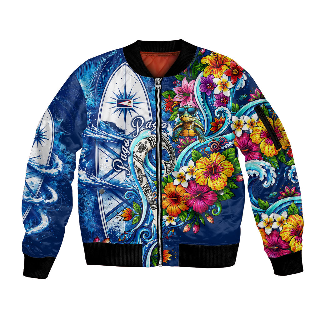 American Samoa Pago Pago Sleeve Zip Bomber Jacket Sea Turtle And Fruit Bat - Tropical Hibiscus Flowers Polynesian TS04 Unisex Blue White - Polynesian Pride