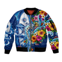 American Samoa Pago Pago Sleeve Zip Bomber Jacket Sea Turtle And Fruit Bat - Tropical Hibiscus Flowers Polynesian TS04 Unisex Blue White - Polynesian Pride