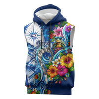American Samoa Pago Pago Sleeveless Hoodie Sea Turtle And Fruit Bat - Tropical Hibiscus Flowers Polynesian TS04 Blue White - Polynesian Pride