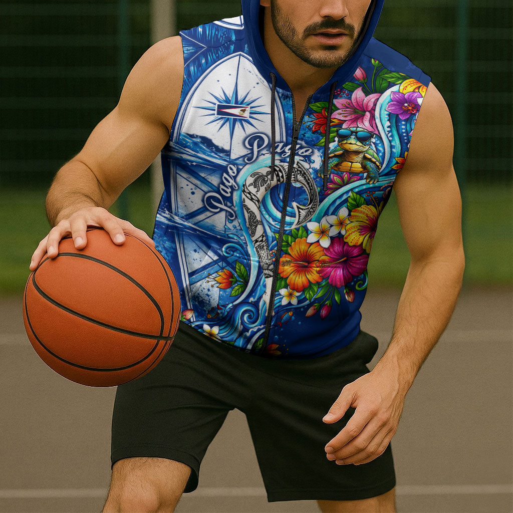 American Samoa Pago Pago Sleeveless Zip Hoodie Sea Turtle And Fruit Bat - Tropical Hibiscus Flowers Polynesian TS04 - Polynesian Pride