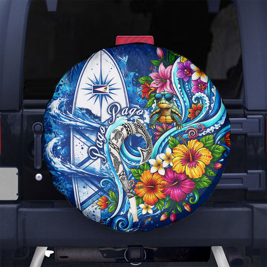 American Samoa Pago Pago Spare Tire Cover Sea Turtle And Fruit Bat - Tropical Hibiscus Flowers Polynesian TS04 No hole Blue White - Polynesian Pride