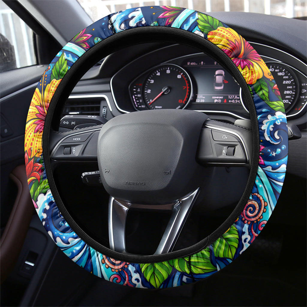 American Samoa Pago Pago Steering Wheel Cover Sea Turtle And Fruit Bat - Tropical Hibiscus Flowers Polynesian TS04 - Polynesian Pride