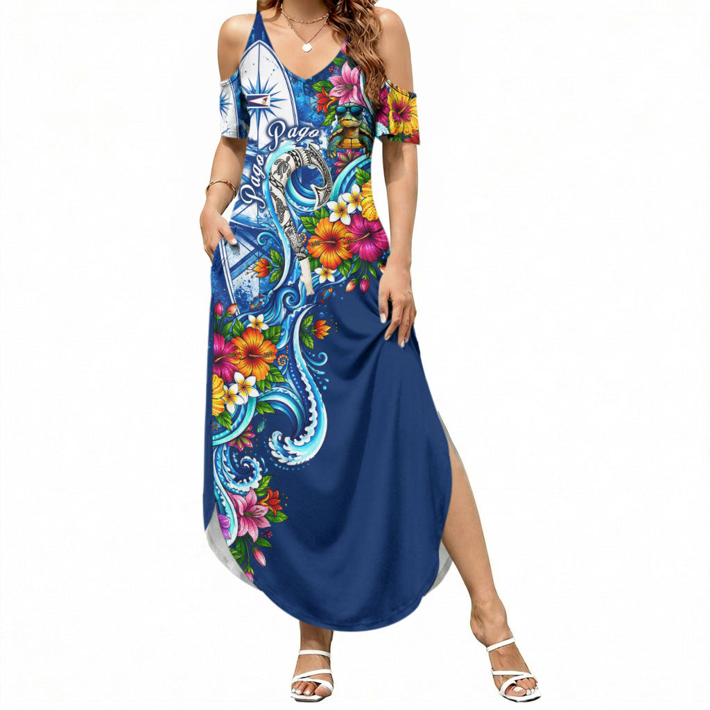 American Samoa Pago Pago Summer Maxi Dress Sea Turtle And Fruit Bat - Tropical Hibiscus Flowers Polynesian TS04 Women Blue White - Polynesian Pride
