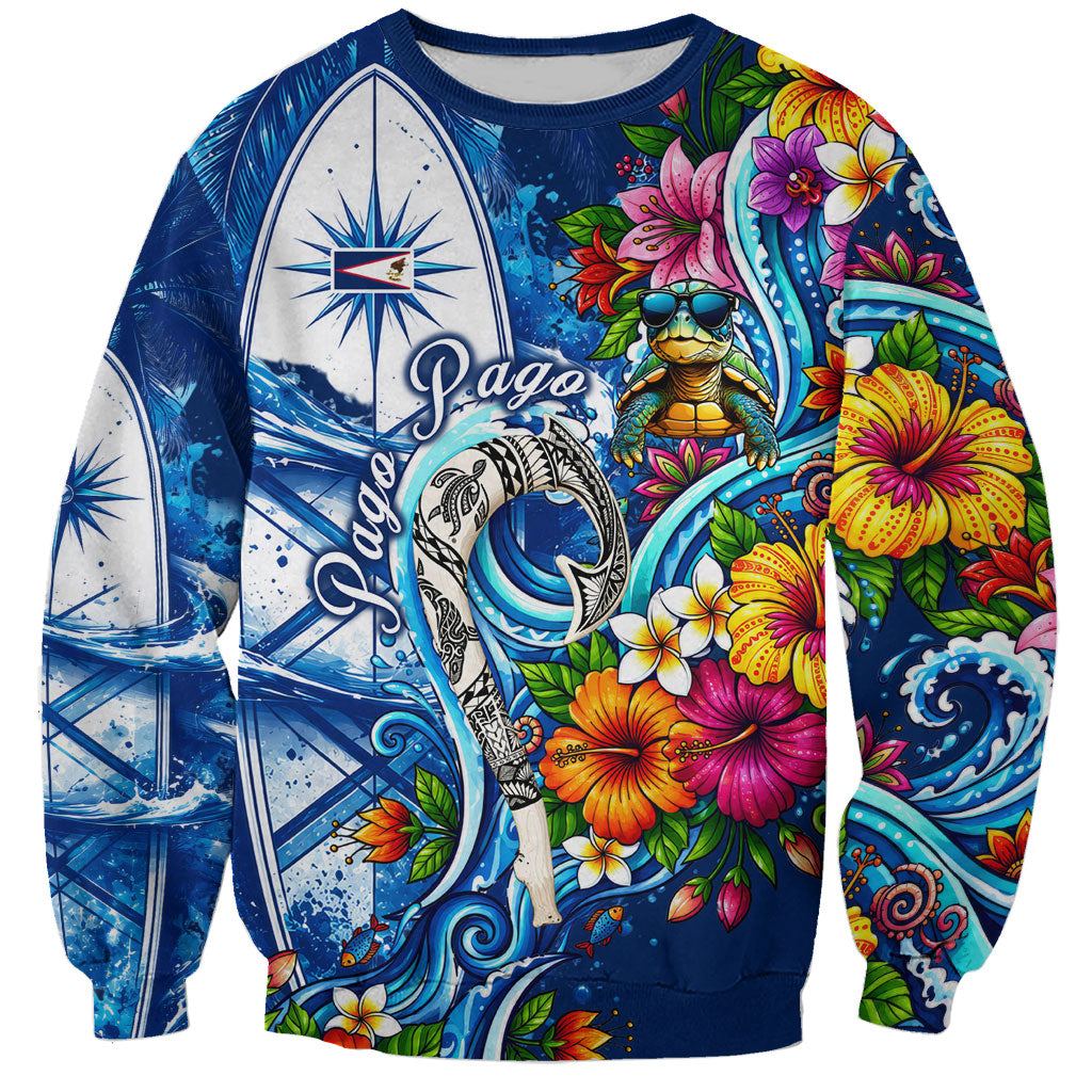 American Samoa Pago Pago Sweatshirt Sea Turtle And Fruit Bat - Tropical Hibiscus Flowers Polynesian TS04 Unisex Blue White - Polynesian Pride