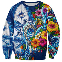 American Samoa Pago Pago Sweatshirt Sea Turtle And Fruit Bat - Tropical Hibiscus Flowers Polynesian TS04 Unisex Blue White - Polynesian Pride