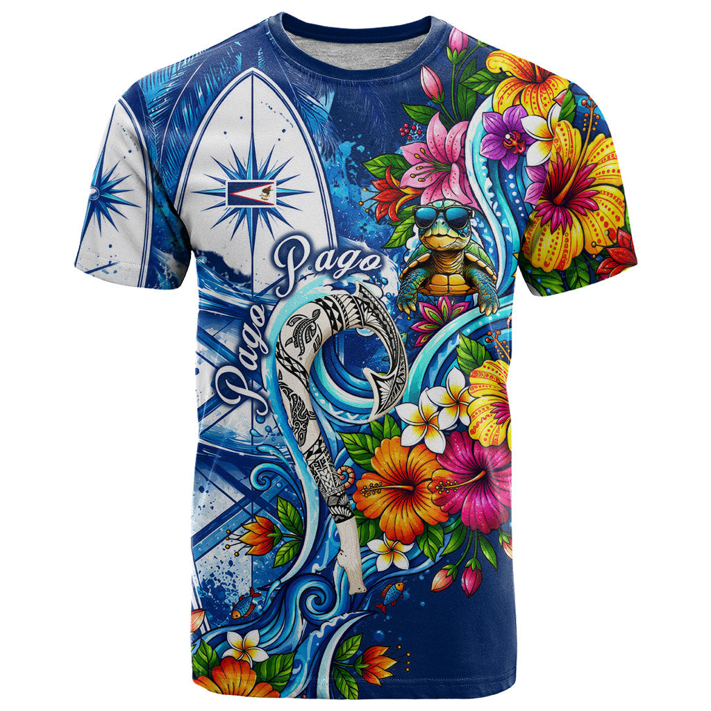 American Samoa Pago Pago T Shirt Sea Turtle And Fruit Bat - Tropical Hibiscus Flowers Polynesian TS04 Blue White - Polynesian Pride