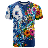American Samoa Pago Pago T Shirt Sea Turtle And Fruit Bat - Tropical Hibiscus Flowers Polynesian TS04 Blue White - Polynesian Pride