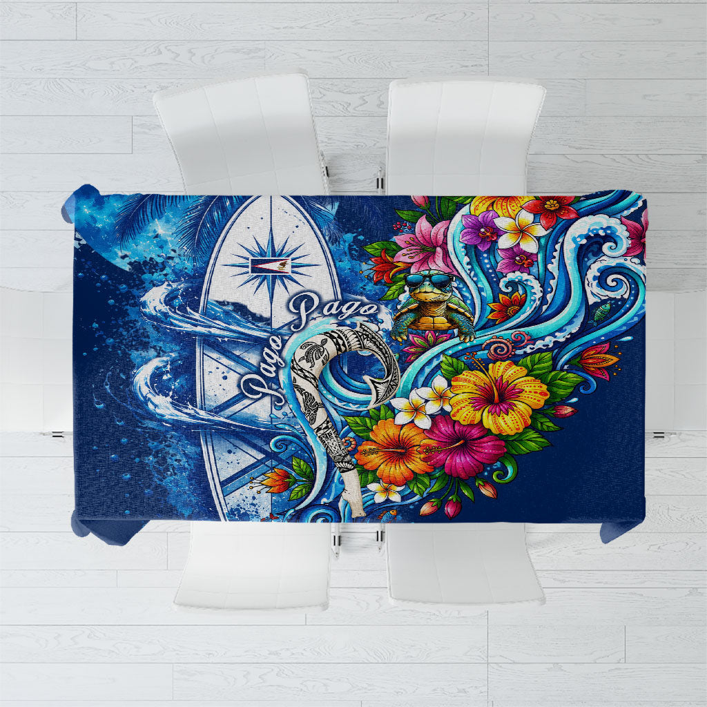 American Samoa Pago Pago Tablecloth Sea Turtle And Fruit Bat - Tropical Hibiscus Flowers Polynesian TS04 Blue White - Polynesian Pride